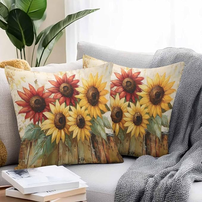 Retro Farmhouse Red Yellow Sunflower Outdoor Pillow Covers 20x20in Pack of 2 Waterproof Pillowcase Vintage Rustic Wood Floral Decorative Throw Cushion Case for Patio Couch Sofa