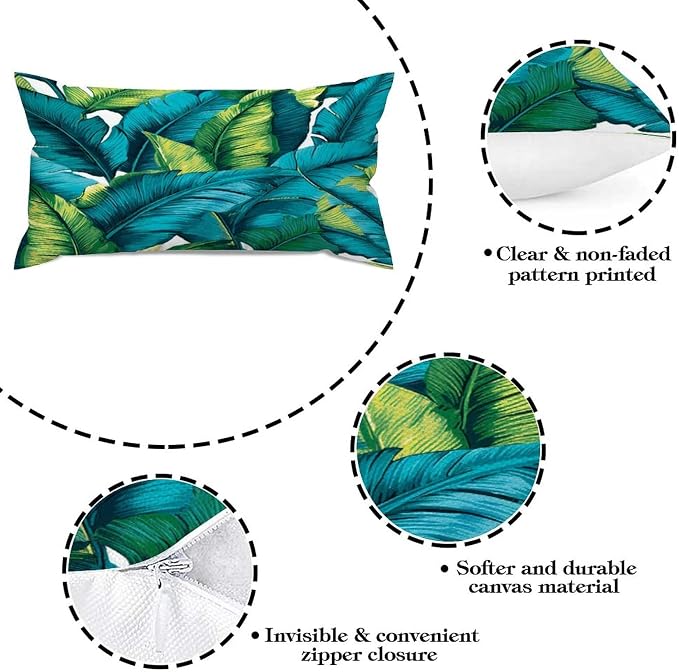 Set of 2 Turquoise Lime Green Teal Blue Aqua Tropical Plants Pillow Covers 12x24in Farmhouse Canvas Cushion Covers Outdoor for Couch Chair Home Decor for Family Friends