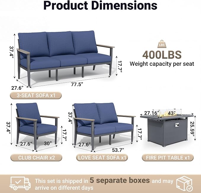 Aluminum Outdoor Patio Furniture Set, 5-Piece Sectional Sofa with 5.1" Thick Cushions, 55,000 BTU Propane Fire Pit Table, Outdoor Couch for Backyard, Deck, Navy Blue