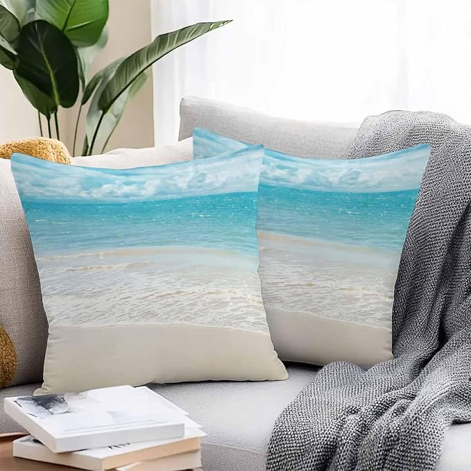 Yukro Coastal Ocean Outdoor Waterproof Pillow Covers Pack of 2, Ocean Waves Beach Sea Shore Throw Pillowcases Decorative Cushion Covers for Garden Patio Tent Sofa Couch, 20x20 inch