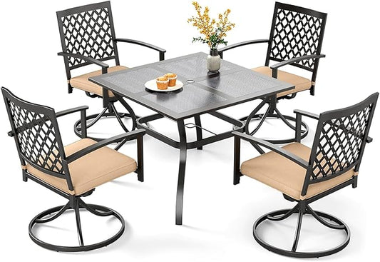 PHI VILLA 5 Pieces Outdoor Dining Set for 4, 37” Square Metal Steel Table with Mesh Tabletop & Swivel Wrought Iron Chairs with Cushions, Outside Furniture Set for Patio, Deck, Yard, Porch