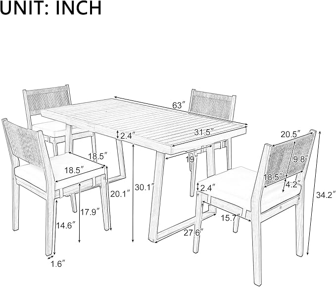 RUNNA Modern Acacia Wood Outdoor Dining Table and Chairs Set with Thick Cushions, Elegant Patio, Balcony, Garden Furniture for Entertaining (Gray-A2)