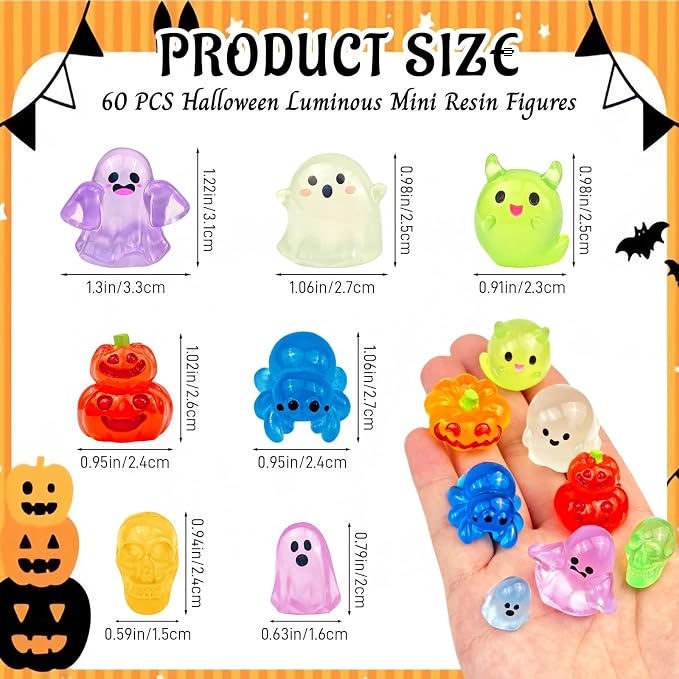 60 Pcs Halloween Luminous Mini Resin Figures Ghost Miniature Figurines | Glow in the Dark, Tiny Little Plastic Pumpkin Spider Skull Figures for Crafts Micro Landscape Fairy Garden Party Decor