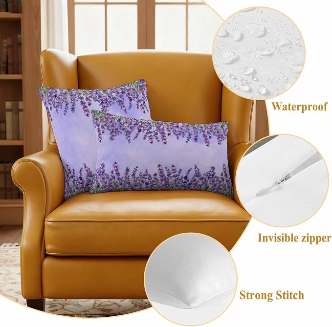 Outdoor Waterproof Throw Pillow Covers Set of 2 Lavender Spring Flowers Pillowcases 16x16 Inches Purple Floral Leaves Decorative Pillows Cushion Case Patio Pillows for Couch Bed Chair Garden