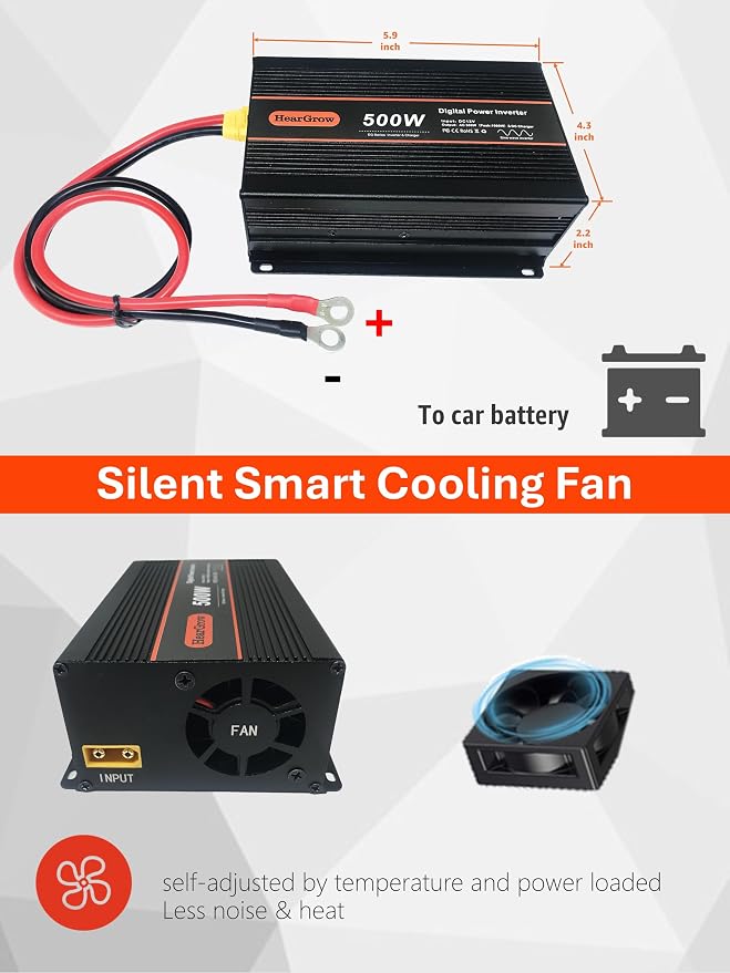 500W Pure Sine Wave Power Inverter DC 12V to AC 110V with 2 AC Outlets,1 USB-A and 1 USB-C Ports for Car, RV, Truck