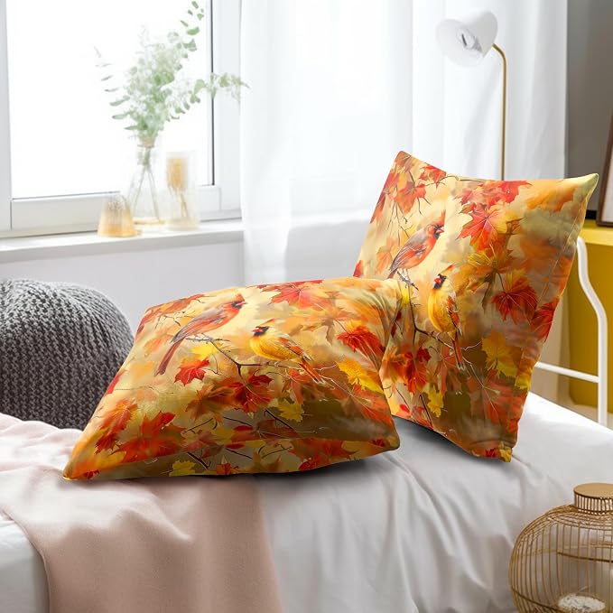 Fall Throw Pillow Covers 22x22 Set of 2, Autumn Maple Leaves Birds Harvest Season Decorative Pillow Cases Cotton Linen Cushion Cover for Living Room Bed Sofa Car Home Decor