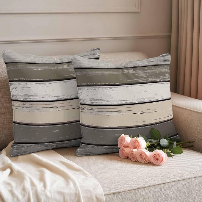 Retro Dark Grey Stripe Outdoor Waterproof Throw Pillow Covers Set of 2, 18"x18", Peeling Paint Effect Texture Decorative Pillow Covers Outside Cushion Case for Patio Porch Garden