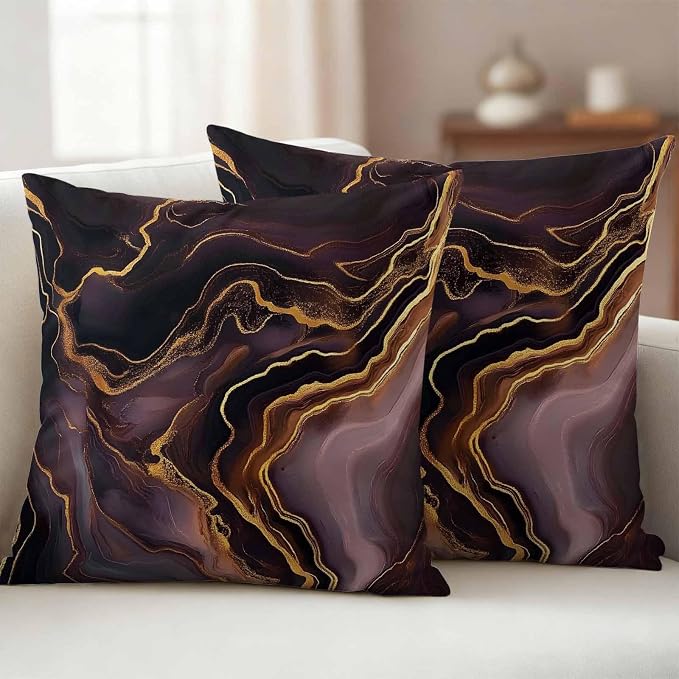 Abstract Marble Texture Outdoor Waterproof Throw Pillow Covers Set of 2, 26"x26", Purple Gold Waves Art Decorative Pillow Covers Outside Cushion Case for Patio Porch Garden