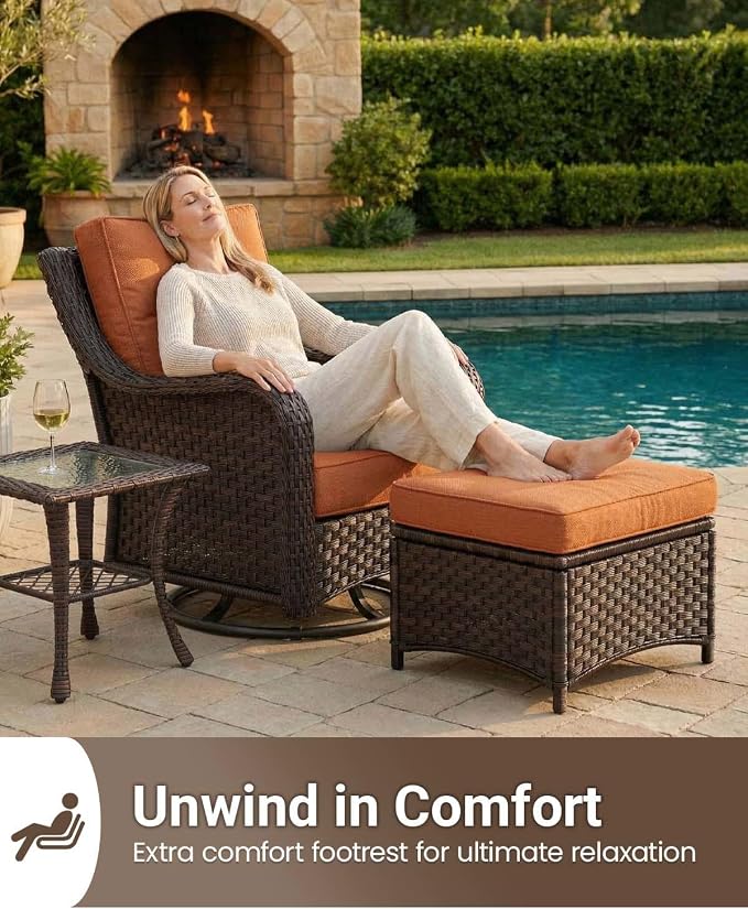 7 Pieces Outdoor Furniture Set with 6-inch Cushions, High Back Wicker Swivel Rocker Chairs with Coffee Table, Luxury Conversation Set for Deck Patio and Poolside