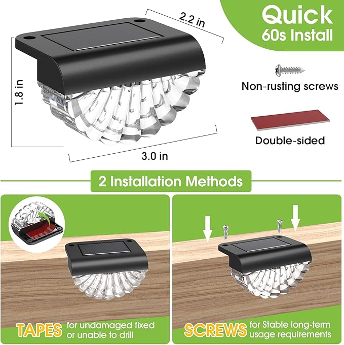 Greluna Solar Fence Lights Outdoor, 12 Pack Waterproof Deck Lights, Auto Dusk to Dawn Step Lights with Warm White Glow, Easy Install for Fence, Patio, Stairs, Pathway, Garden Lighting