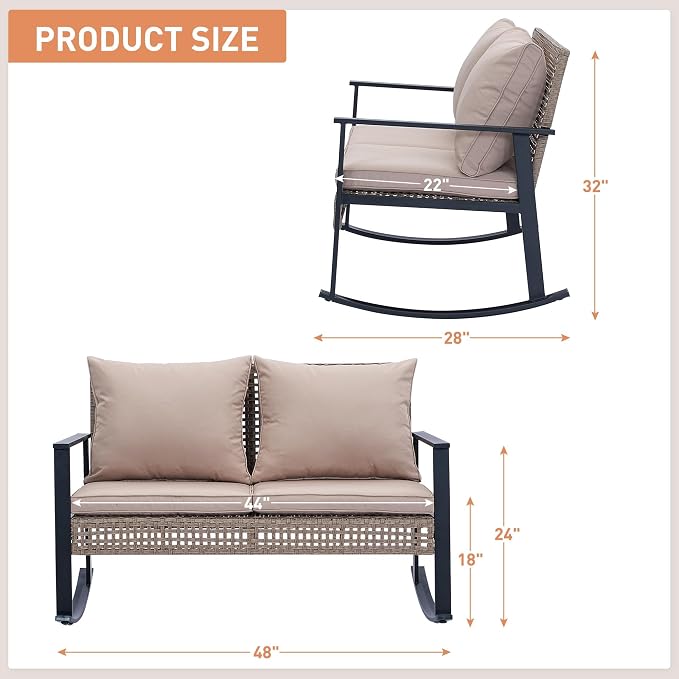 Ainfox Outdoor Wicker Loveseat Rocking Chair, Patio Rattan Rocker Chair with Cushions，All-Weather Modern Cozy Rocking Wicker Furniture for Garden Backyard Porch, Khaki