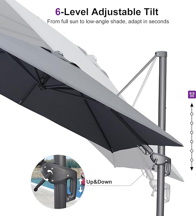 PURPLE LEAF 9' X 12' Swivel Outdoor Patio Aluminum Umbrella with Base Left-right Tilting Cantilever Offset Umbrella with UV Resistant Heavy Duty Fabric for Deck Pool Patio Backyard, Graphite Grey