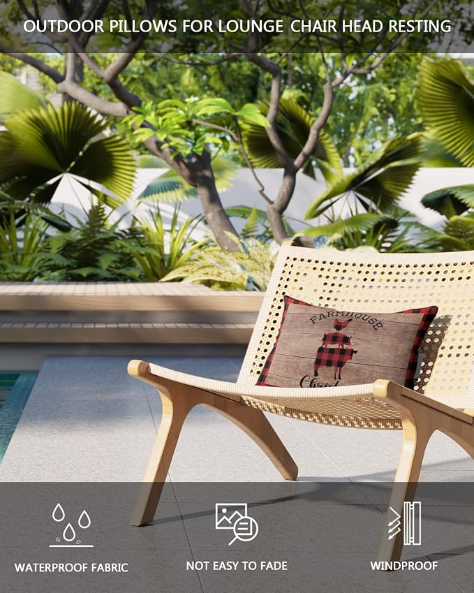 Outdoor Pillows Covers with Inserts Christmas Farmhouse Animal Cow Pig Cock Waterproof Recliner Pillow with Adjustable Strap Throw Pillows for Patio Furniture Pool Lounge Chair, 11x16 inch, 1PCS