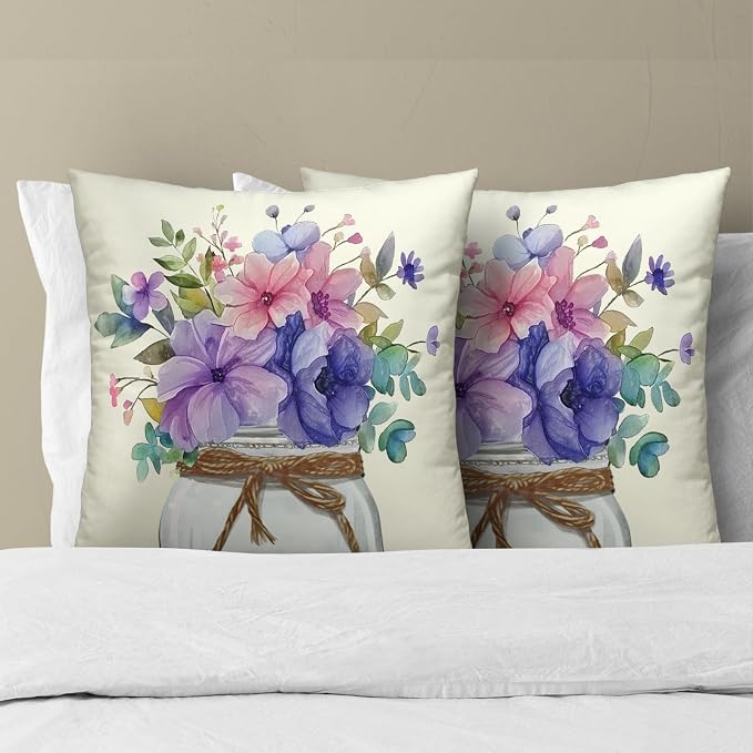 Summer Floral Throw Pillow Covers 18x18 Inch Set of 2 Purple Pink Wildflower Summer Flower Leaf Decorative Cushion Cases for Sofa Couch Bed Home Outdoor Decorations
