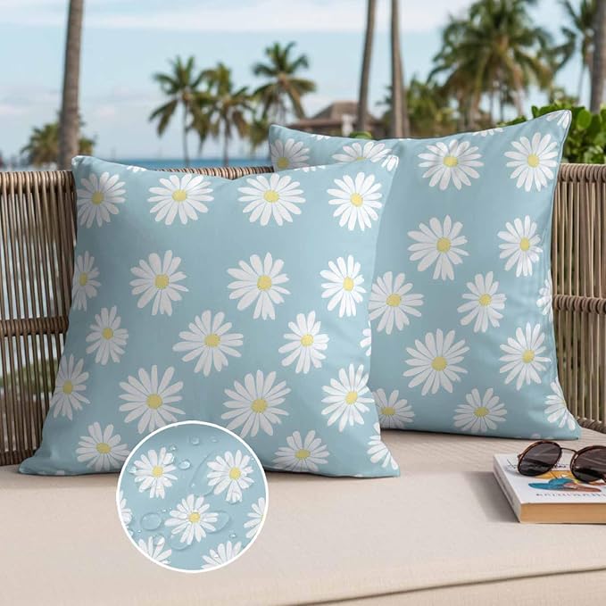 Throw Pillow Covers 20x20 Inch Set of 2, White Teal Daisy Waterproof Outdoor Pillow Covers, Spring Summer Floral Farmhouse Decorative Cushion Pillowcases for Couch, Sofa, Bed, Garden, Patio