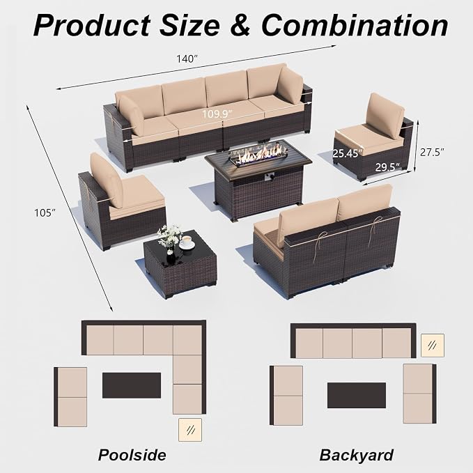 ALAULM 10 Pieces Patio Furniture Set with Propane Fire Pit Table Outdoor Sectional Sofas Patio Conversation Sets 43" Gas Fire Pit Brown PE Rattan Wicker w/8 Seat Cushions-Sand