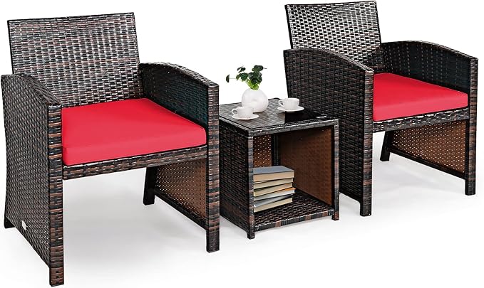 Tangkula 3-Piece Outdoor PE Rattan Furniture Set, Patio Conversation Set w/Chair & Storage Coffee Table, Detachable Cushion, Stable X-Shaped Frame, Perfect for Garden, Backyard, Poolside (Red)