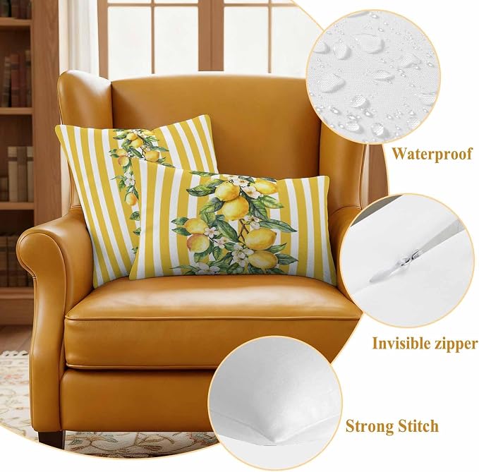 Yellow Lemon Stripes Waterproof Outdoor Pillow Covers Set of 2 Home Decor, Summer Spring Fruit Flowers Leaves Pillowcase Patio Pillow Covers for Couch Bench Furniture Garden 20x20in