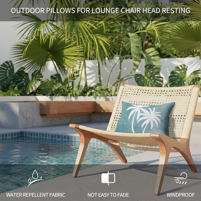 Palm Trees Grey Blue Outdoor Pillows for Chaise Lounge Chair Beach Headrest Pillow Set of 2 Waterproof Lumbar Pillows with Insert&Strap Summer Coastal Vintage Tropical Recliner Pool Pillow 11"x16"