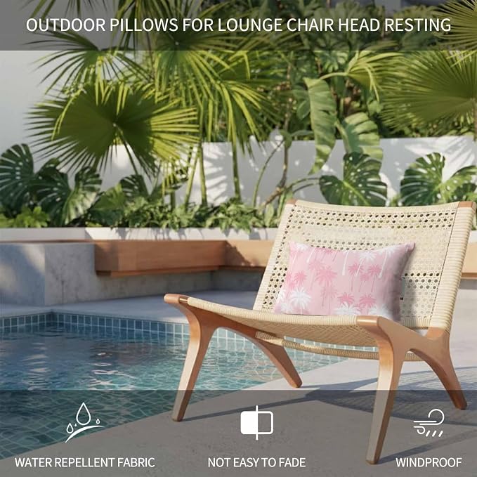 Tropical Palm Tree Outdoor Pillows for Chaise Lounge Chair Waterproof Lumbar Pillows with Insert&Adjustable Elastic Strap Beach Headrest Pillow Pink White Plants Coastal Leaf Beach Pool Pillow 11"x16"