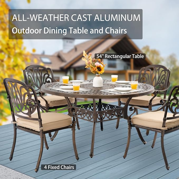 5-Pcs Cast Aluminum Patio Dining Set for 4, 54" Round Table,Bronze | Outdoor Furniture Set Include Dining Table and 4 Stackable Chairs with Cushions & Umbrella Hole