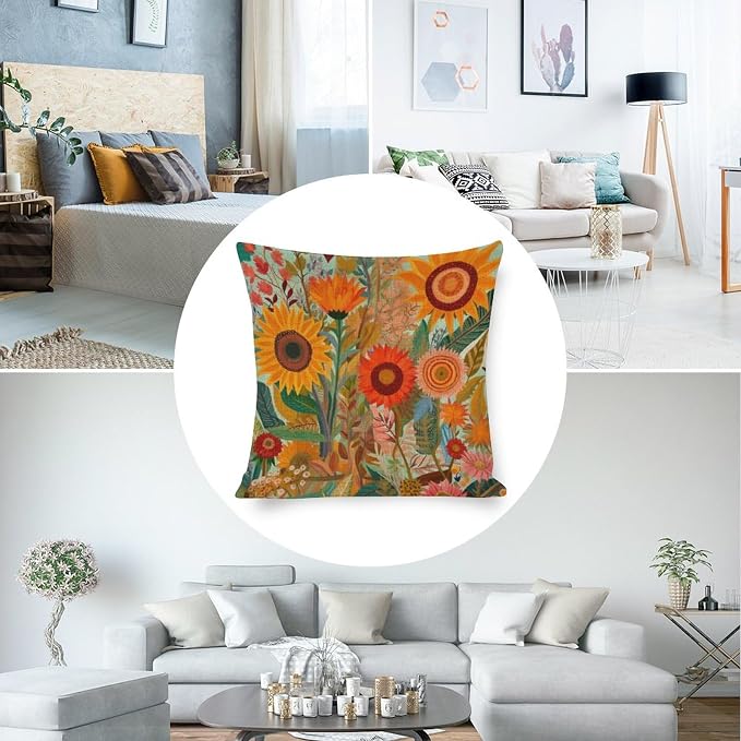 Modern Pillow Cover Butterfly Sunflower Cushion Pillow Cover Colorful Painting of Sunflowers Poppies Cooling Pillow Case Decorative Couch Pillow Cover for Sofa 20"x20" Cutton Linen Cushion Cases