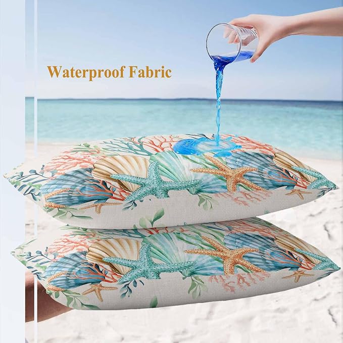 Lumbar Pillow Covers 20x12 Inch Set of 2, Summer Ocean Waterproof Outdoor Pillow Covers, Watercolor Coastal Coral Shell Seaweed Beige Decorative Cushion Pillowcases for Couch, Sofa, Bed, Garden, Patio