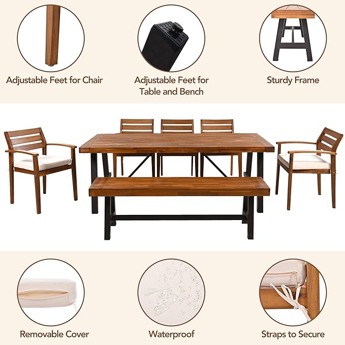 Merax Patio Table and Chairs Set for 8, Outdoor Dining Set Includes 78.7" Thicker Acacia Wood Patio Table, 5 Patio Chairs with Cushions and 1 Bench for Backyard, Courtyard, Poolside, Natural