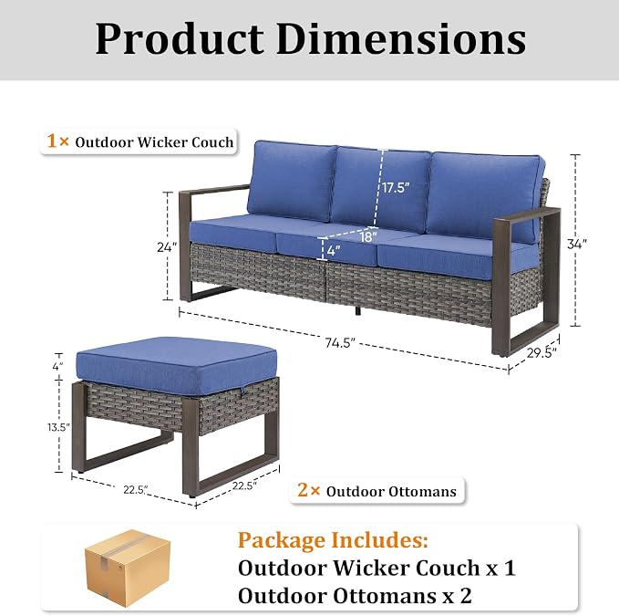 3 Pieces Patio Sofa Set with Metal Arm, High Back Wicker Sectional Outdoor Sofa with Ottomans, Outdoor Seating Furniture High Back Conversation Set for Balcony Deck Porch Backyard, Grey/Blue