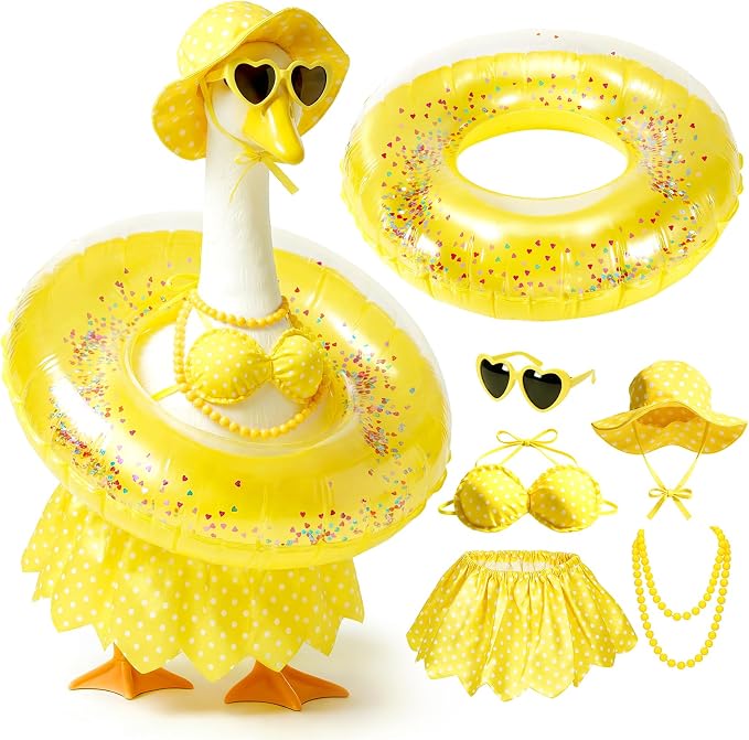 Hawaiian Porch Goose Outfit - Fits 23" Plastic Goose Statue | Yellow Bikini, Swimming Ring, Heart Glasses & Necklace Set - Summer Goose clothes for Lawn, Yard, Garden Decor