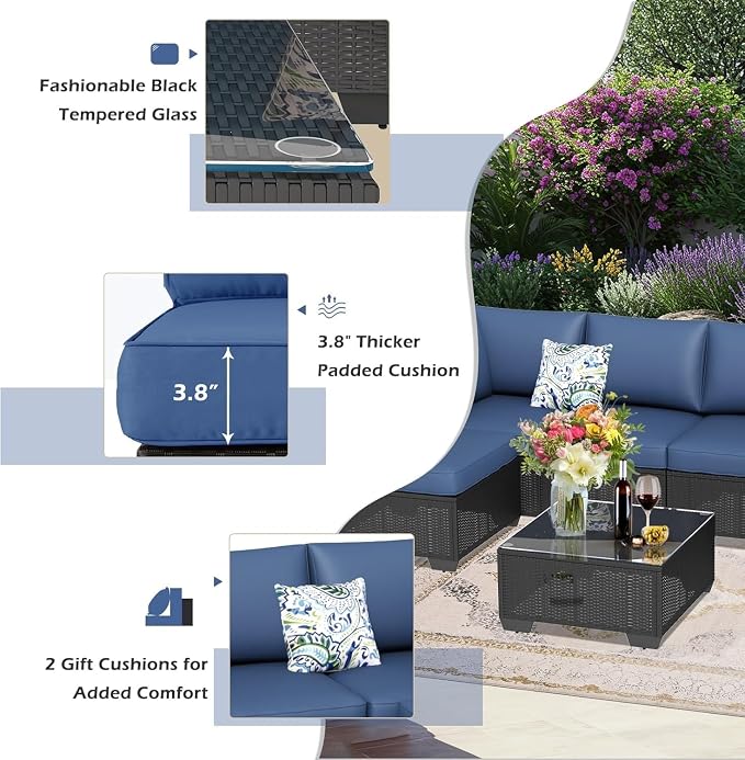 7 Piece Outdoor Patio Furniture Set with Cushions, PE Rattan Wicker Sectional Furniture Chair Set with Tea Table, Modular Patio Sofa for Garden, Backyard, Balcony Outdoor Lounge Area(Beige)