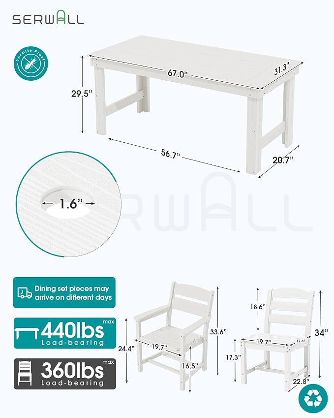 SERWALL HDPE Outdoor Dining Table and Chairs Set for 6 | with Armless Chair Seat