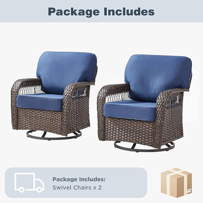 Belord Patio Chairs Set of 2, Wicker Swivel Rocker Outdoor Chairs for Deck Porch Garden, 2 Piece Luxury Patio Furniture Set,Blue