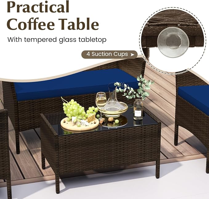Tangkula 8 Piece Patio Rattan Conversation Set, Outdoor Wicker Furniture Set with Chair, Loveseat & Tempered Glass Table, Cozy Seat Cushions, Outside Sectional Sofa Set for Backyard, Porch