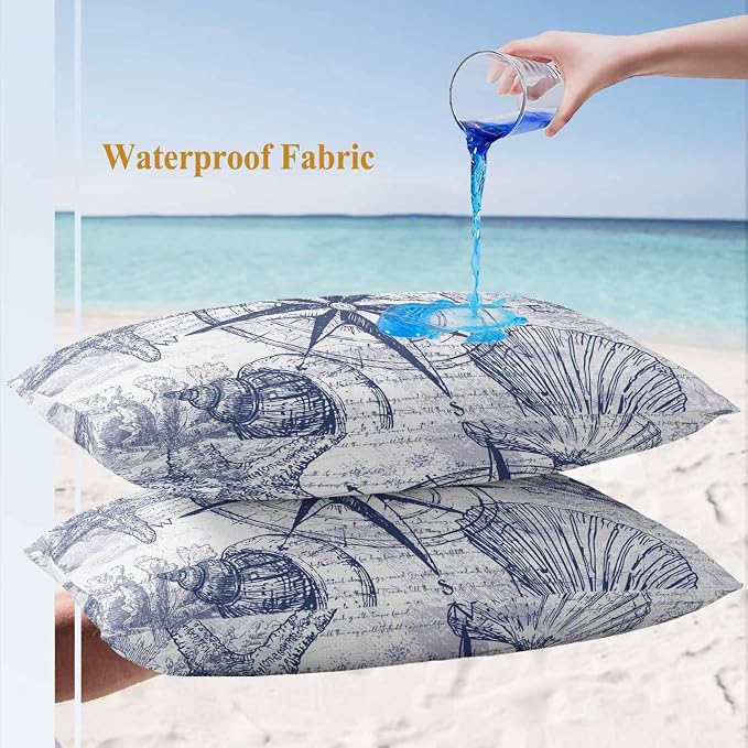 Vintage Nautical Outdoor Waterproof Throw Pillow Covers Set of 2, 20"x12", Summer Navy Blue Compass Shell Starfish Map Decorative Pillow Covers Outside Cushion Case for Patio Porch Garden