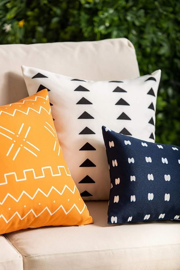 Hofdeco Mudcloth Inspired Patio Indoor Outdoor Pillow Cover ONLY for Backyard, Couch, Sofa, White Black Triangles, 18"x18"