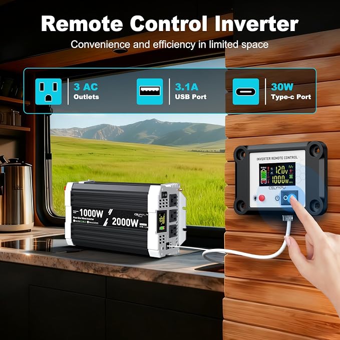 1000 watt Pure sine Wave Inverter, 12V DC to 110V AC Power Inverter, with 3 AC Output sockets, USB Port, Type-C Port, Remote Control with LCD Screen, Used for Solar Emergency Power Supply in RV Homes