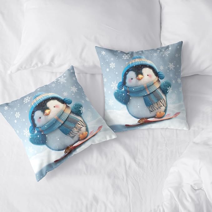 Winter Pillow Covers 16x16 Set of 2 Adorable Skiing Penguins Throw Pillow Covers Snowflakes Pillow Case Double Sided Printing Cushion Case for Home Decor Couch Sofa