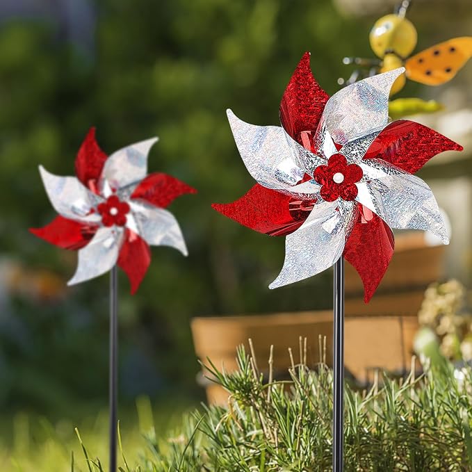 Hausse 10 Pack Reflective Pinwheels (Assembly Required), Sparkly Wind Sculptures for Garden Christmas Holiday Winter Decor, Deterrent to Scare Birds Away from Yard Patio Farm, Red & Silver