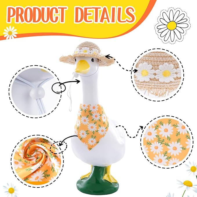 Daisy Flower Outfit for Porch Goose - 2Pcs Summer Goose Clothes with Yellow Floral Hat & Bib Accessories for 23” Cement or Plastic Gooses Statue, Garden Lawn Porch Decoration
