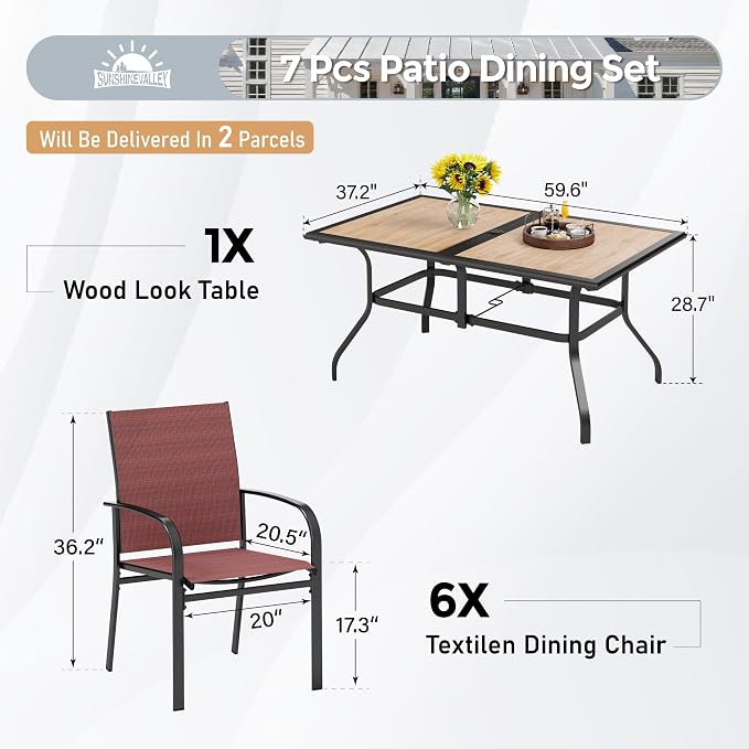 SUNSHINE VALLEY 7 Pcs Patio Dining Set for 6, Rectangular Metal Dining Table (PVC Table Top) with Umbrella Hole and 6 Chairs, Outdoor Dining Set for Lawn Garden Deck, Red