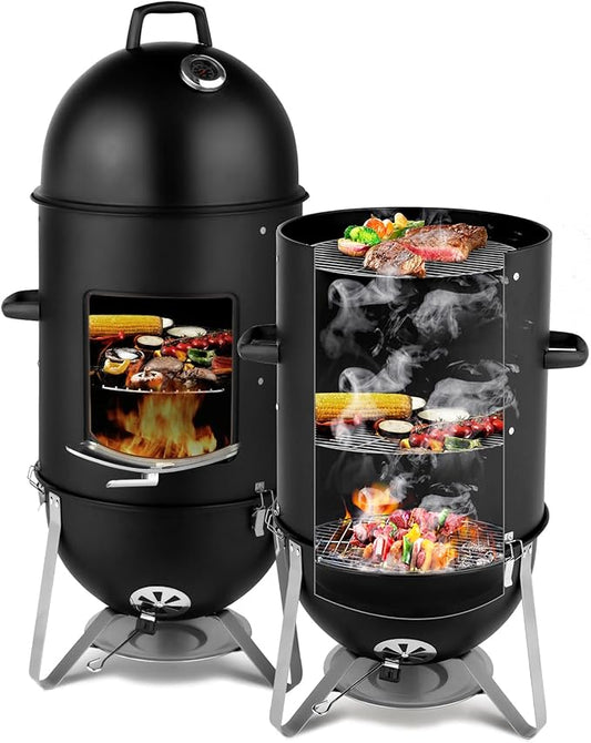 46.8" Vertical Steel Charcoal Smoker Grill,Heavy Duty BBQ Grills,Outdoor Camping Backyard Barbecue Grill,Metal Barbecue Smokers,with Thermometer,for Patio Garden Beach Porch Lawn Yard (Black)