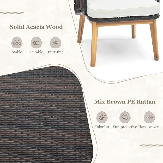 DORTALA 3 Piece Wicker Patio Furniture Set, Wood & Rattan Chairs and Table Sets with Cushions, Outdoor Conversation Set for Porch, Backyard, Poolside