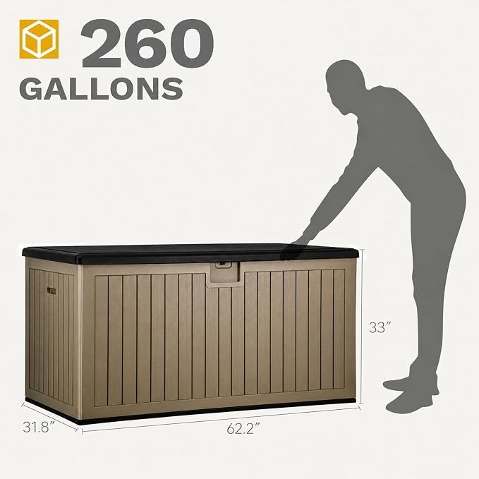 DWVO 260 Gallon Resin Outdoor Storage Box, XXL Double-Wall Waterproof Deck Box with Divider, Doubles as Table or Seating with 1000 lbs Capacity, Lockable (Black&Brown)