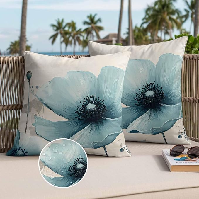 Blue Flowers Butterfly Outdoor Waterproof Throw Pillow Covers Set of 2, 26"x26", Watercolor Retro Leaf Pastoral Style Decorative Pillow Covers Outside Cushion Case for Patio Porch Garden