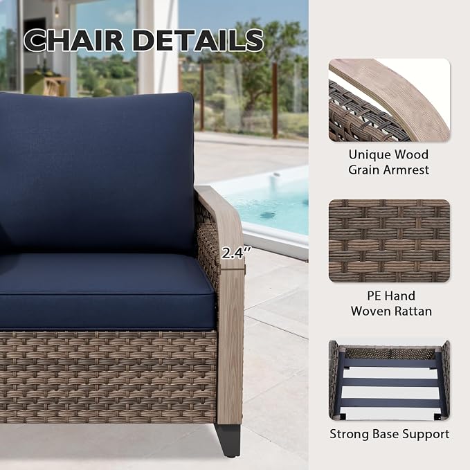 EAGLE PEAK Modern Wicker Outdoor Patio Furniture Set, Patio Conversation Set, 2 Chairs, 3-Seat Loveseat and Coffee Table, 4 Pieces, Brown/Blue