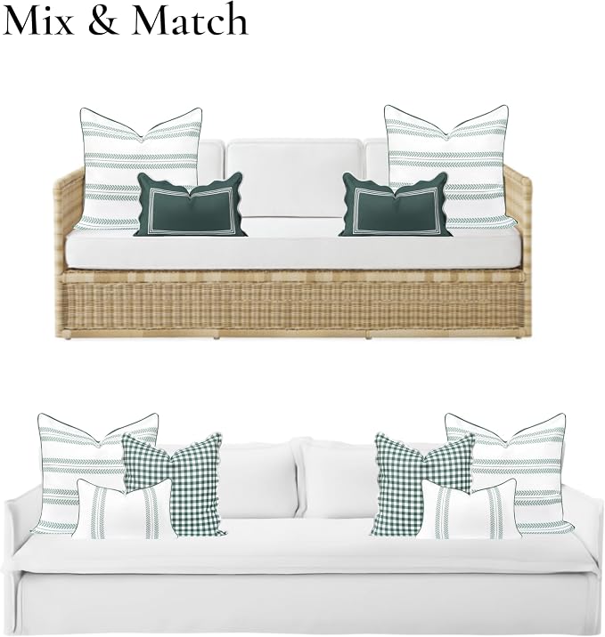 Hofdeco Premium Coastal Grandmillennial Patio Indoor Outdoor Throw Pillow Cover Only, 22"x22" Water Repellent for Backyard, Couch, Poolside, Celadon Green Print Leaf Striped