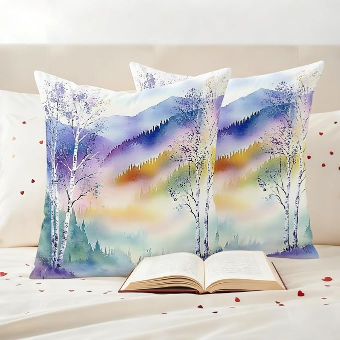 Forest Landscape Outdoor Pillow Covers Set of 2 Watercolor Yellow Purple Green Mountain Peaks Tree Waterproof Throw Pillow Cover Decorative Cushion Cases for Patio Porch Garden 24X24 Inch