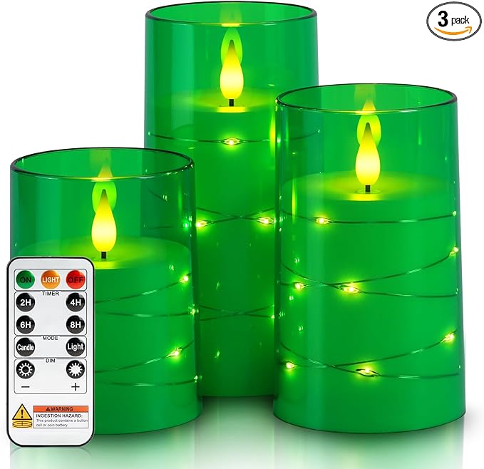 Homemory St. Patrick's Day Flameless Candles with Embedded Star String Fairy Lights, Green Battery Operated Candles, LED Candle, Fake Candles with Remote Control and Timer, Set of 3(H 4" 5" 6”)