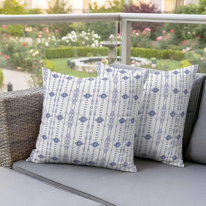 Outdoor Waterproof Pillow Covers Ikat Ethnic Seamless Decorative Throw Pillow Protectors,Indian Tribal Texture on White Pillowcase Cushion Cases for Patio Sofa Garden Couch,16x16in,Pack of 2